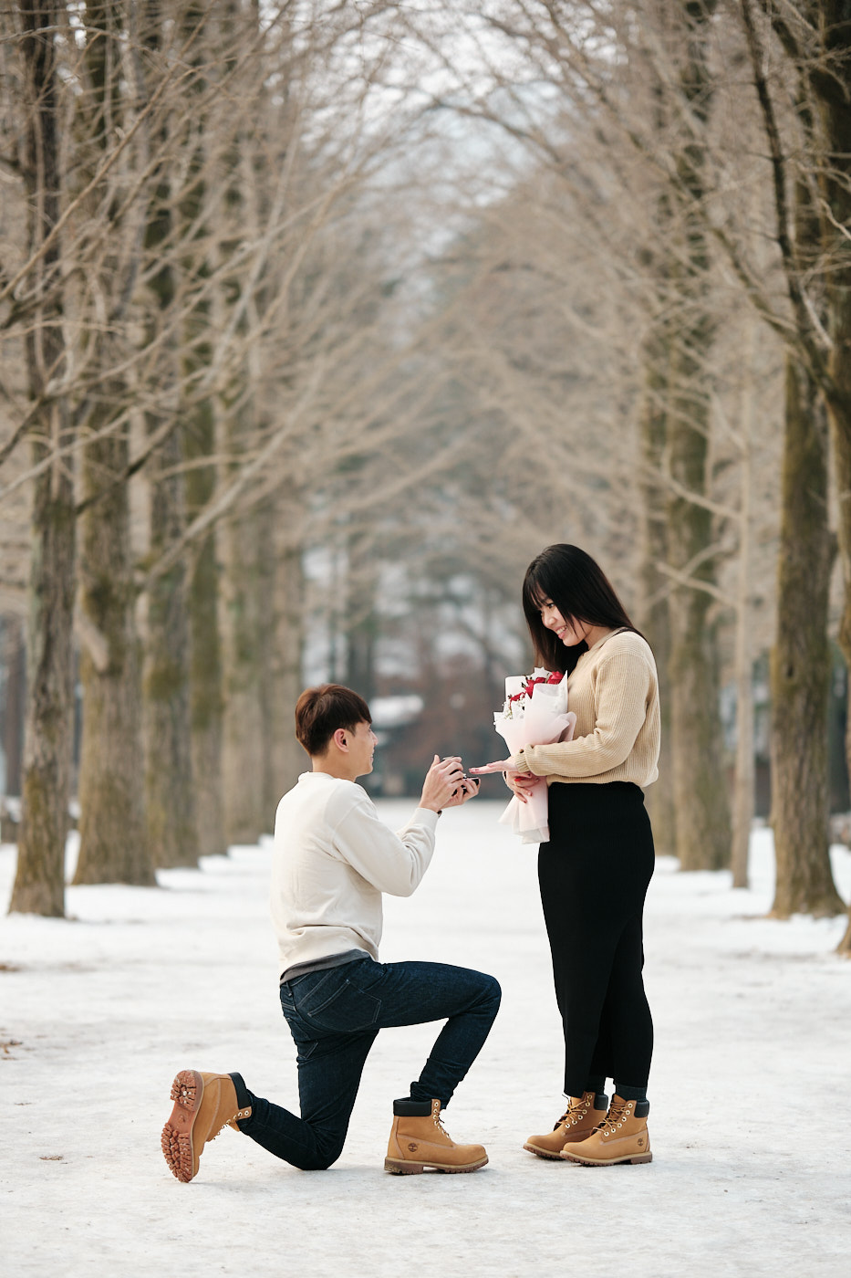 Winter Proposal on Nami Island in the Snow